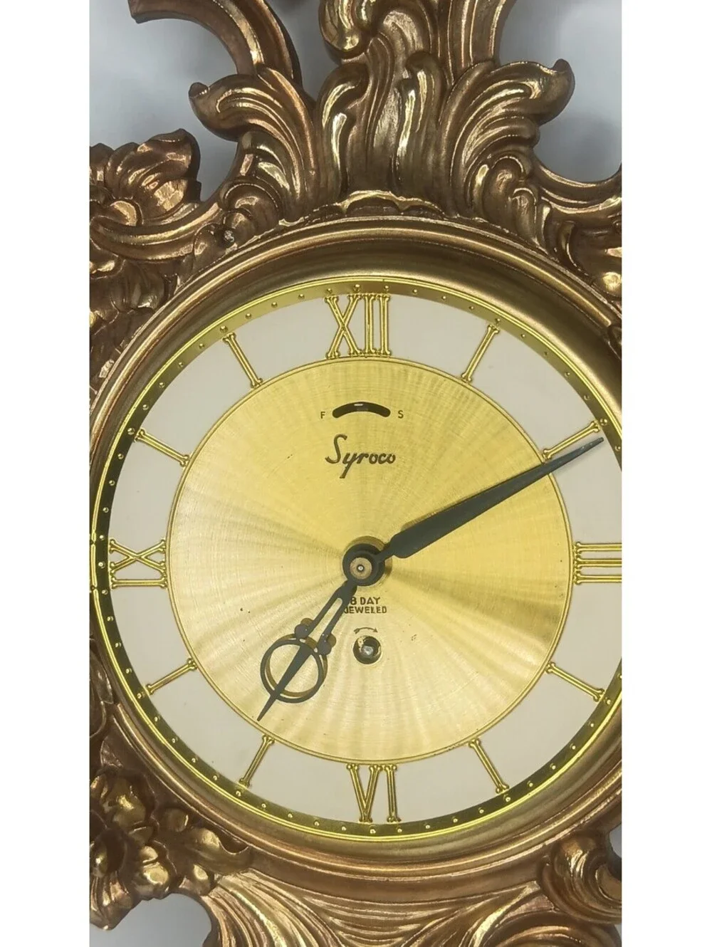 VTG Syroco Wall Clock Mid-Century Gold Tone Wind Up Works But NO KEY 22
